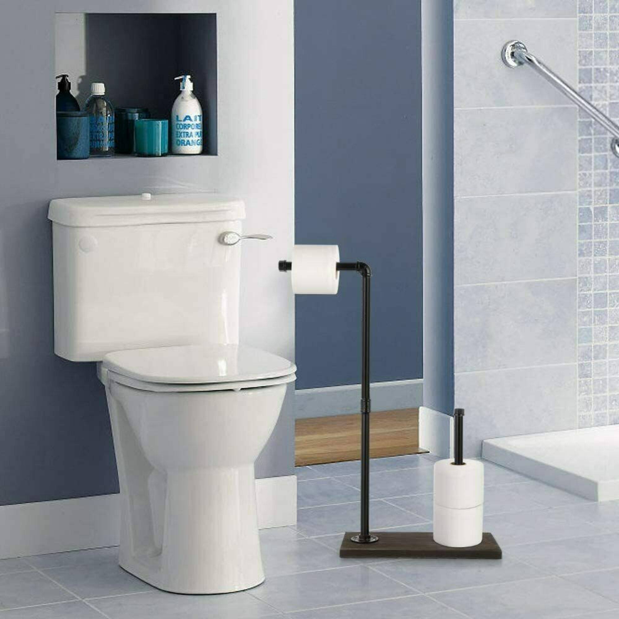 NEX™ 25.5" Iron Black Freestanding Toilet Paper Stand with Rustic Wood Base